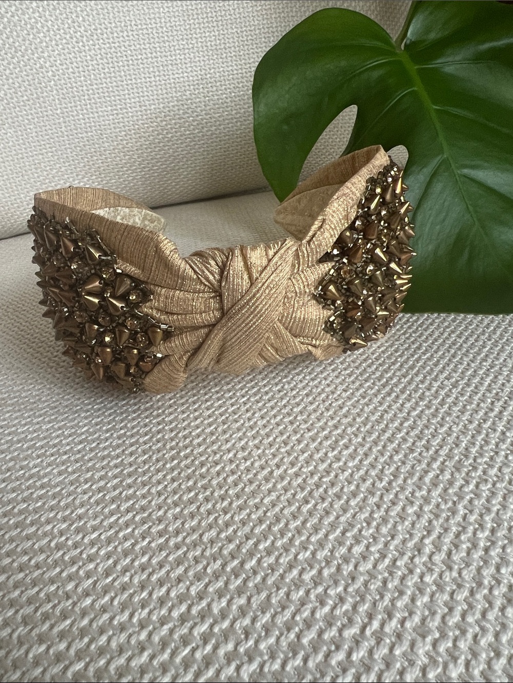 NamJosh Beaded Metallic Champagne Knotted Headband